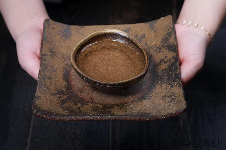 日本备前烧 新款备前烧柴窑名家黑川元晴宝瓶盖碗茶海茶碗盏茶盘 四方