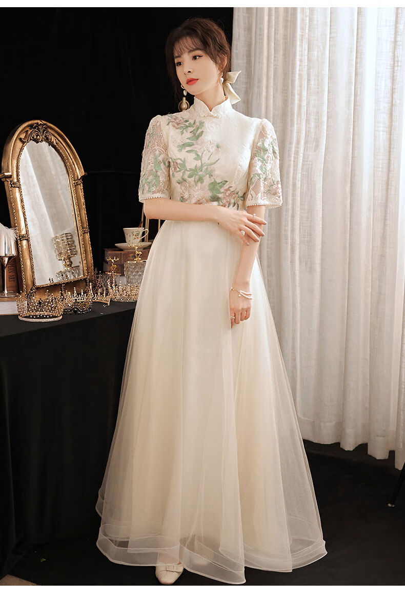 古筝演出服装成人女改良旗袍晚礼服女中国风主持人宴会优雅气质长款