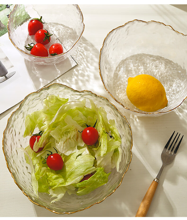 水果碟吐骨盘日式锤纹金边玻璃碗沙拉碗碟套装家用水果盘餐具创意甜品