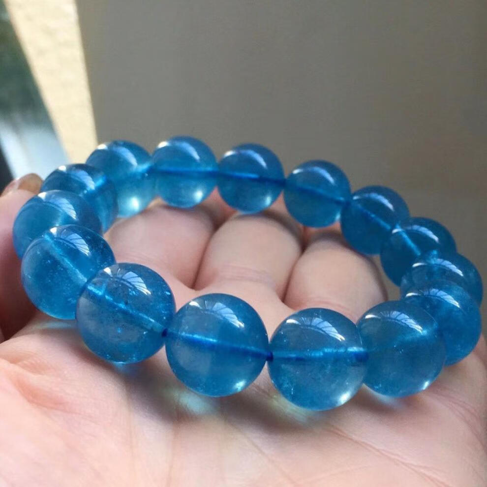 天然收藏级魔鬼蓝海蓝宝单圈手链 颜色艳丽夺目 略带星光猫眼 12mm