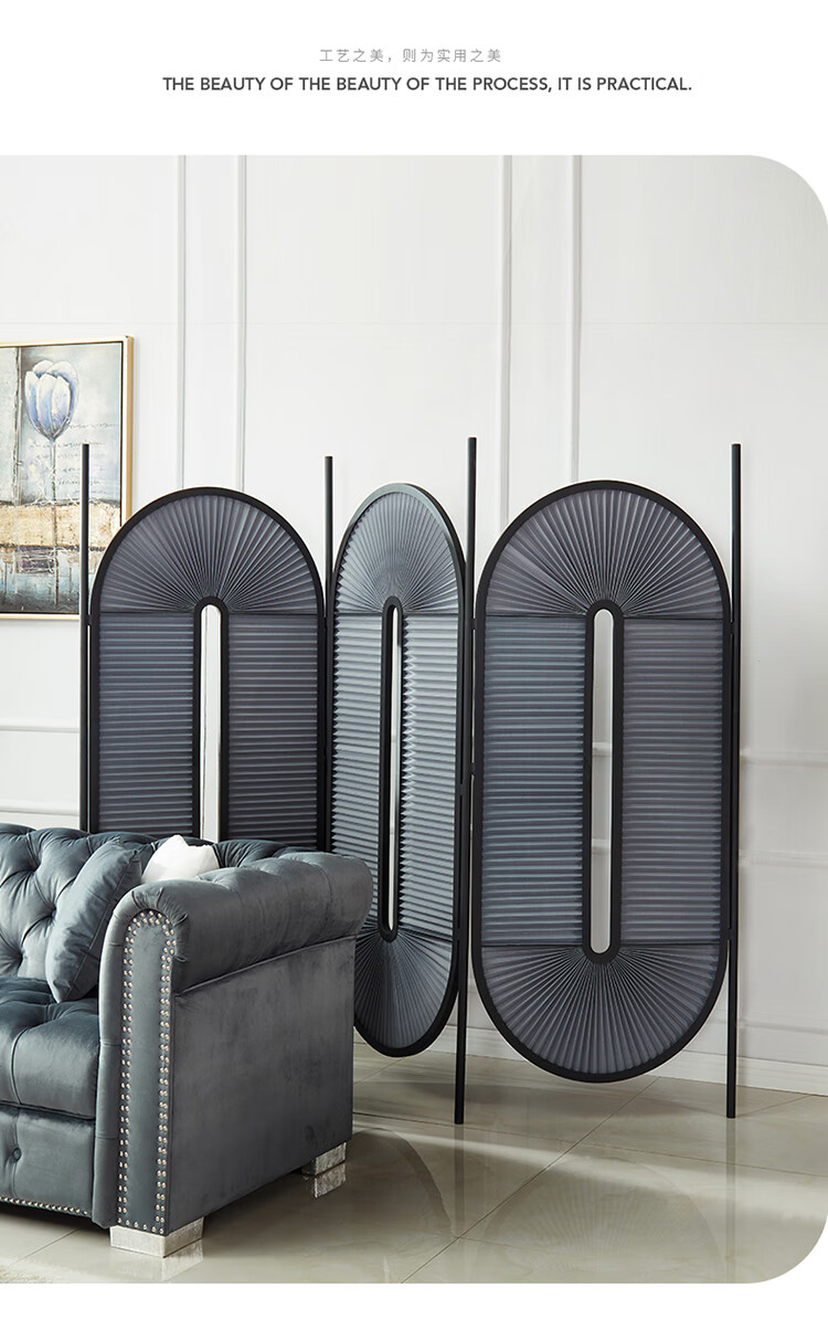 折叠屏风轻奢百褶布屏风隔断现代简约客厅扇形折叠金属移动玄关屏风