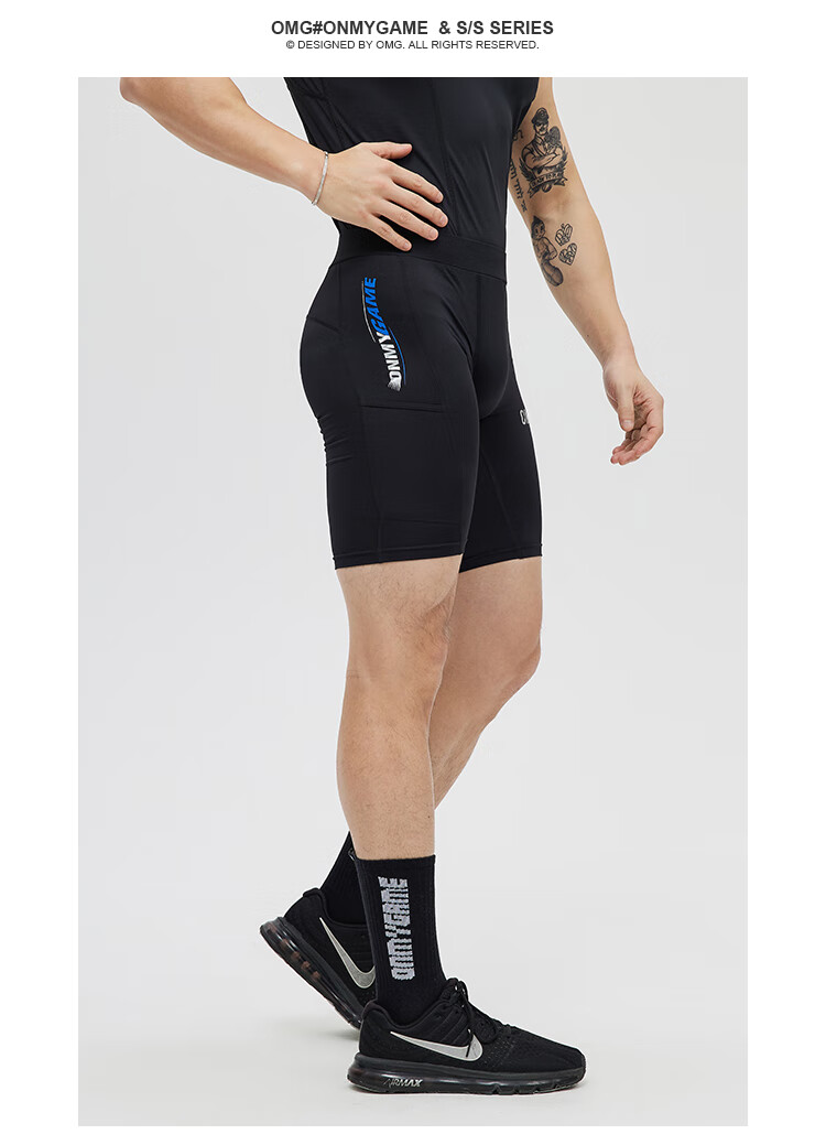omg潮牌五分翘臀高弹力训练紧身裤深蹲跑步男士运动健身短裤压缩黑色