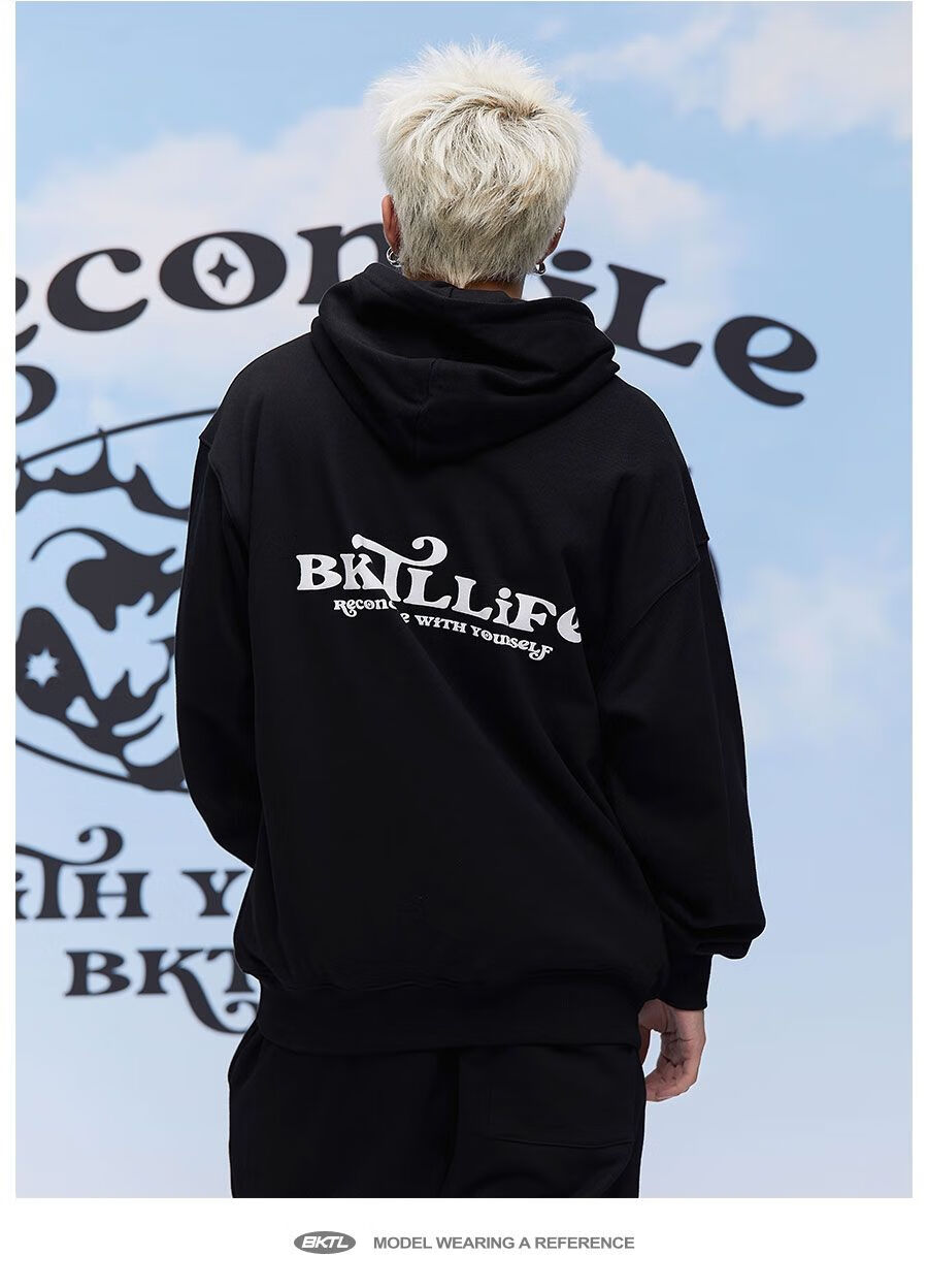 bktl 植绒印花美式复古hiphop宽松卫衣连帽男女ins国潮牌秋冬 黑色