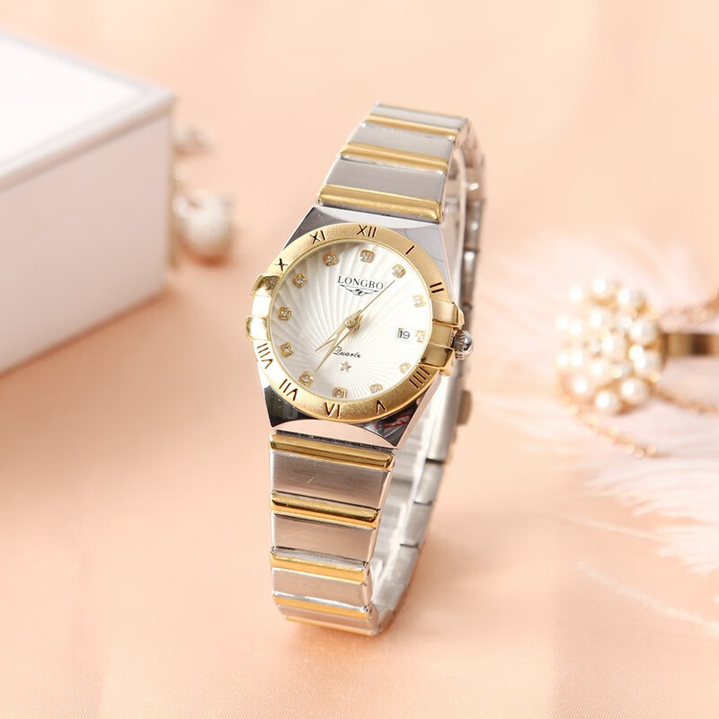 longbo龙波80731镶钻情侣石英表时尚商务风男士女士手表银壳黑面银带