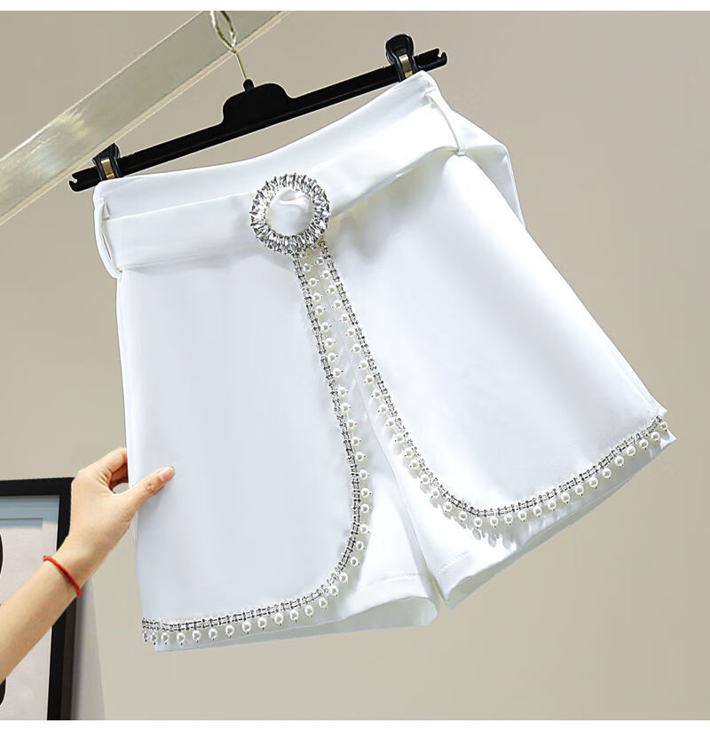 重工钉珠镶钻短裤秋季新款时尚百搭夏白色高腰显瘦阔腿裤子女黑色带