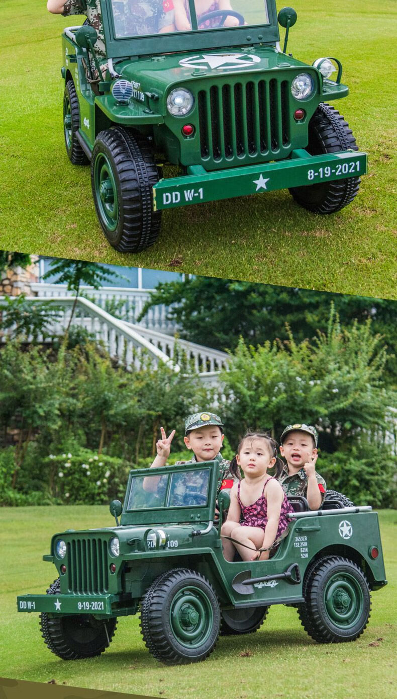 兒童電動吉普車軍綠二戰吉普兒童電動汽車四輪遙控雙人越野寶寶玩具車