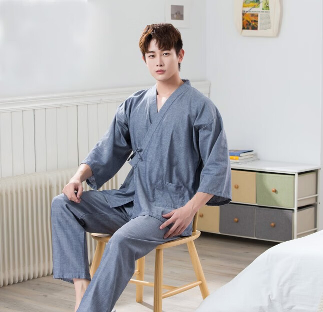 日式睡衣男士和服睡衣套装色织双层纱布家居服汗蒸桑拿春秋秋季棉纱