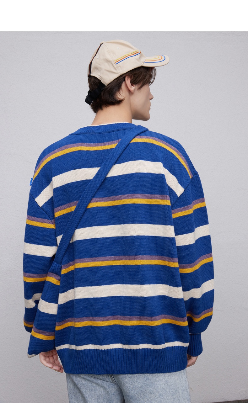 bosieblue2021冬季新款亲肤舒适套头毛衣复古经典条纹潮蓝色s