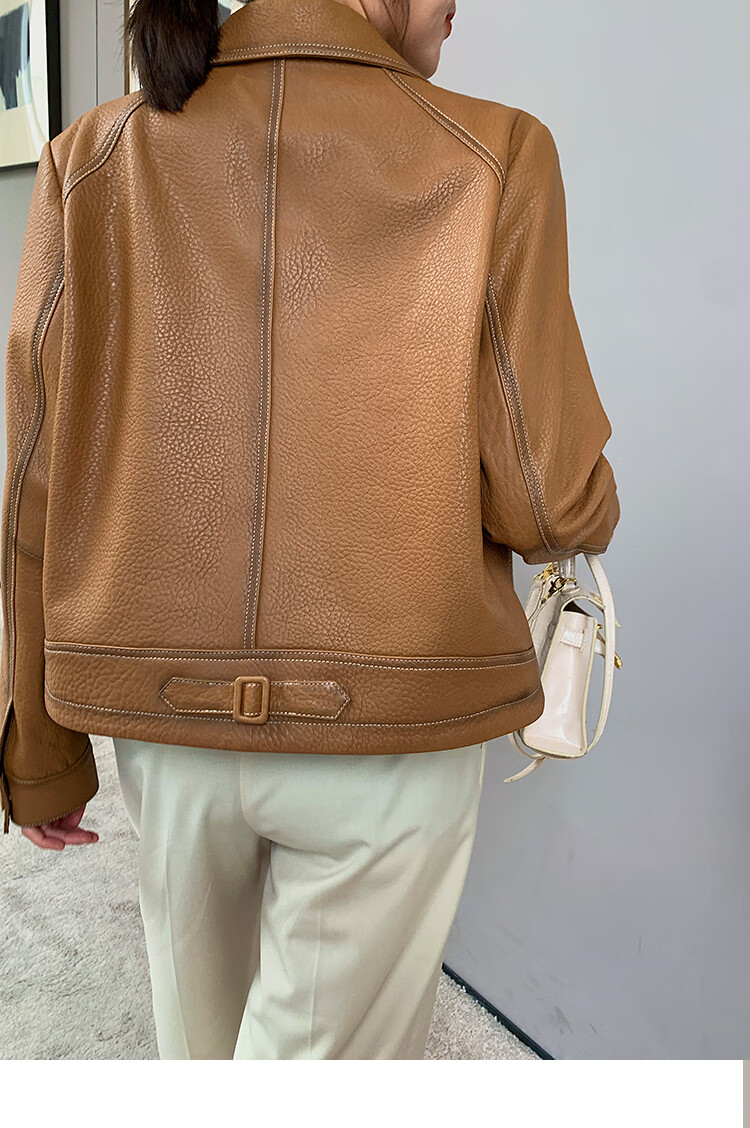 mornymoss品牌欧货高定进口绵羊皮真皮皮衣女短款棕色太妃糖皮外套