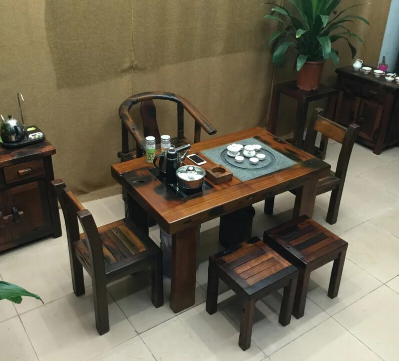 茶台家用小户型功夫茶几阳台实木一体电磁炉茶桌 1米 2靠背椅 电器中