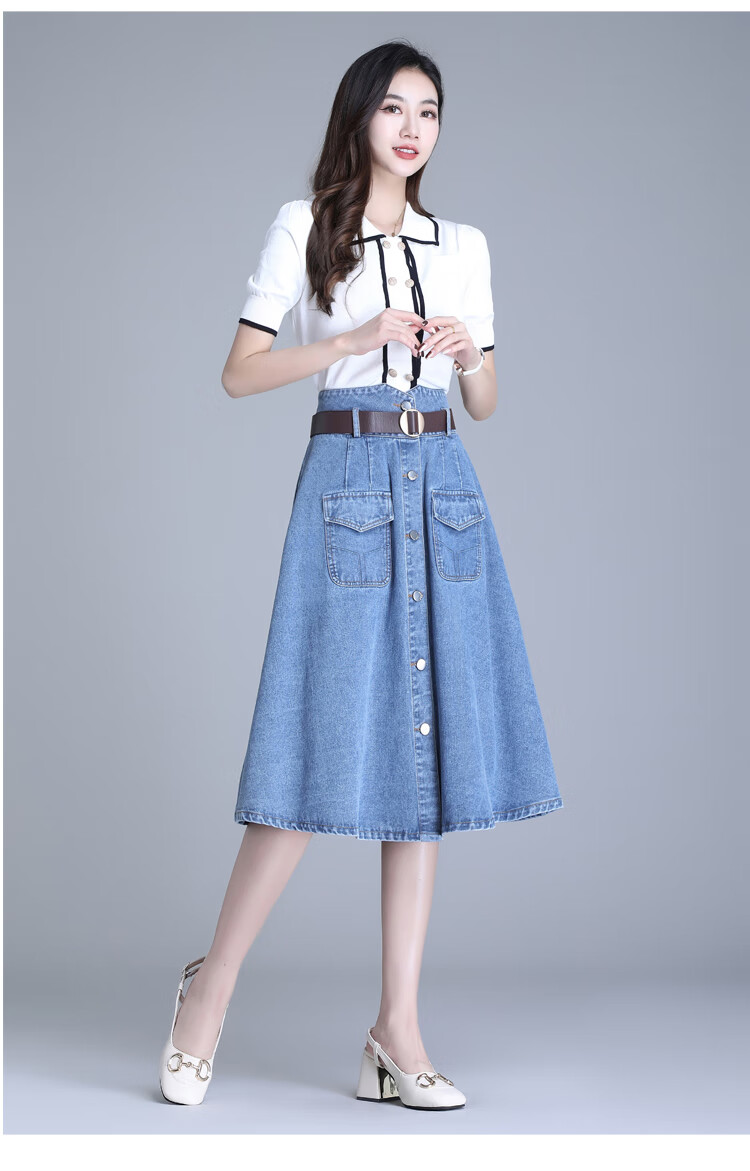 欧偲麦牛仔半身裙女士今年流行半裙女夏季半身口袋长裙年新款百褶气质