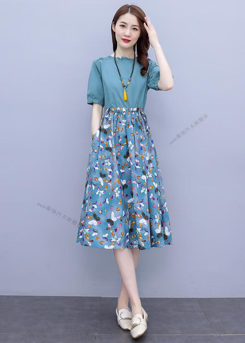 素素棉麻女装夏季棉麻连衣裙女夏装新款妈妈气质亚麻裙子女士时尚拼接