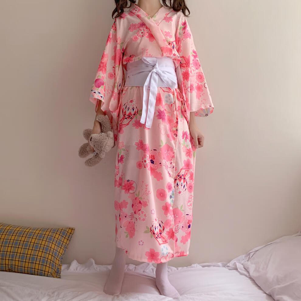 日系软妹甜美可爱粉色樱花和服蝴蝶结腰封可外穿家居服两件套女秋网红