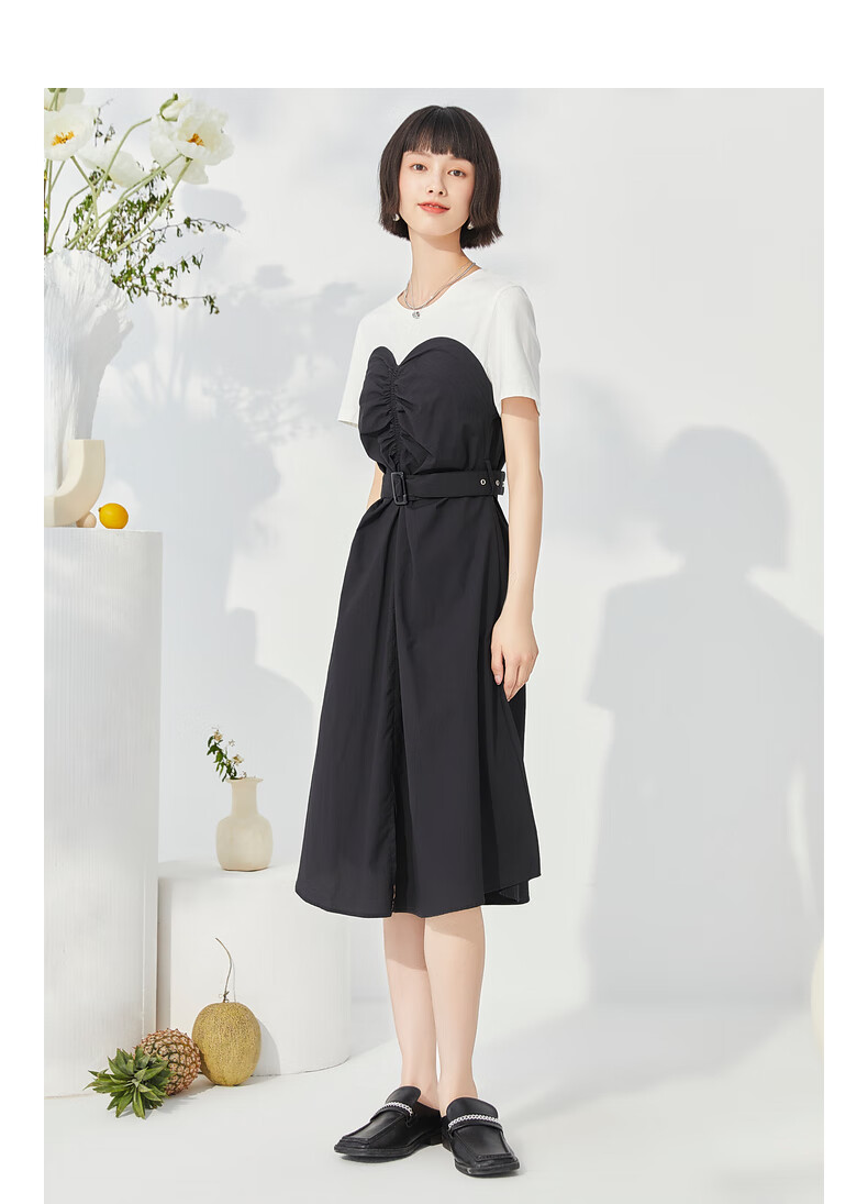 紫淑连衣裙2022夏新款韩版休闲小众设计假两件撞色收腰显瘦黑色xl