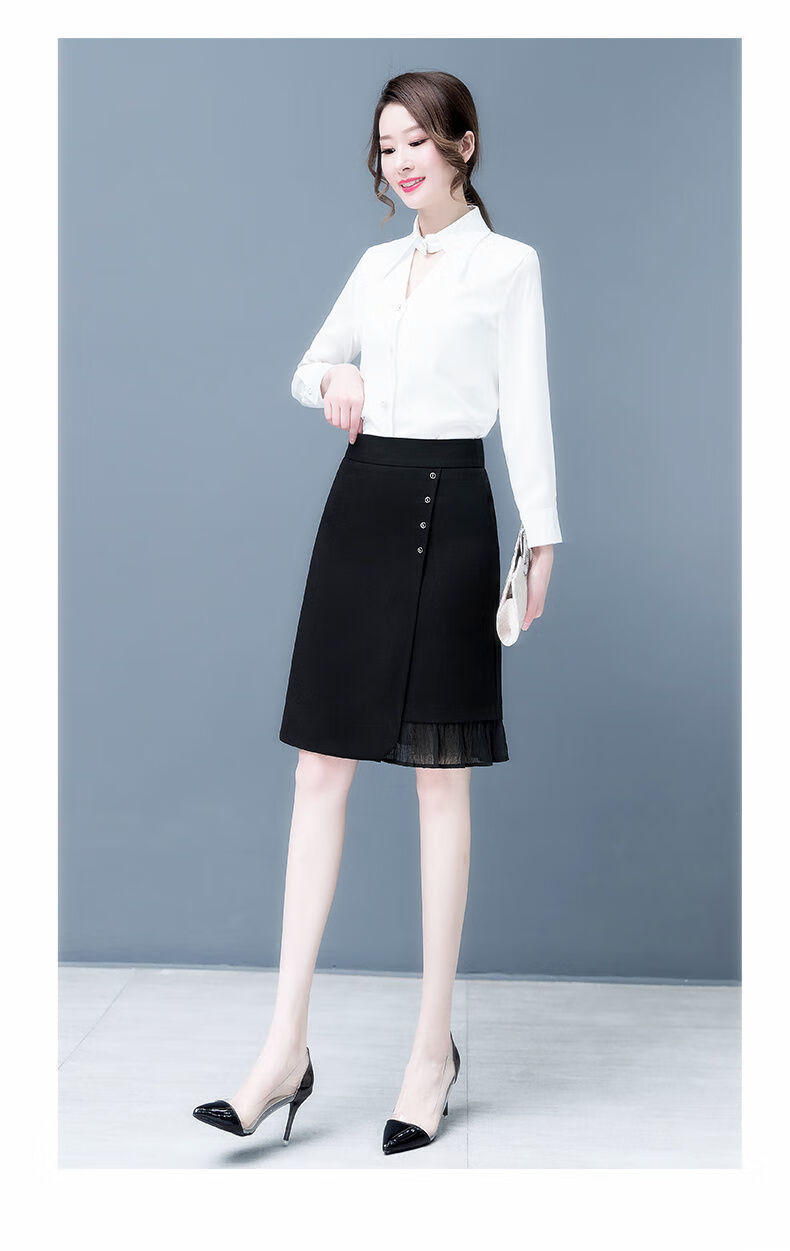 罗蒙2022价捡漏22年春装新款黑色及膝半身裙女高腰夏季雪纺拼接鱼尾中