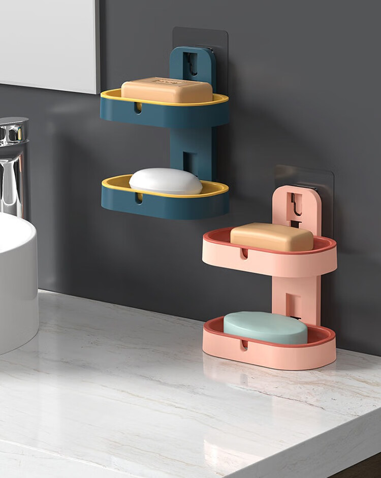 皂盒架子沥水卫生间创意免打孔置物架家用壁挂式双层香皂盒带盖墨绿1