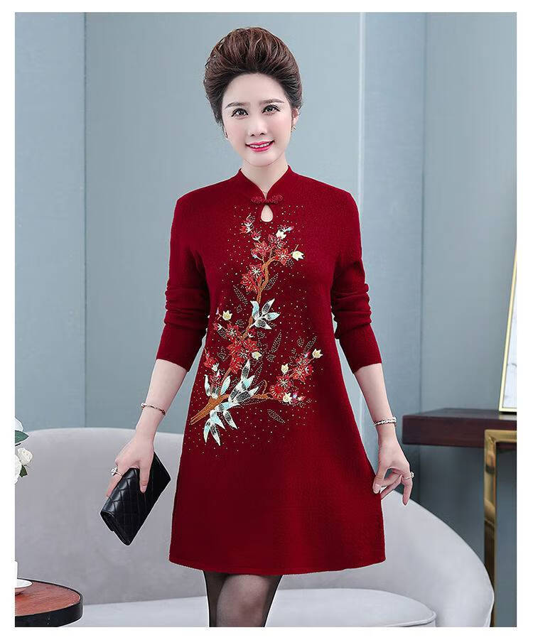 秋冬季妈妈装羊毛衫婚礼绣花旗袍式连衣裙加肥加大码秋季喜婆婆婚宴服