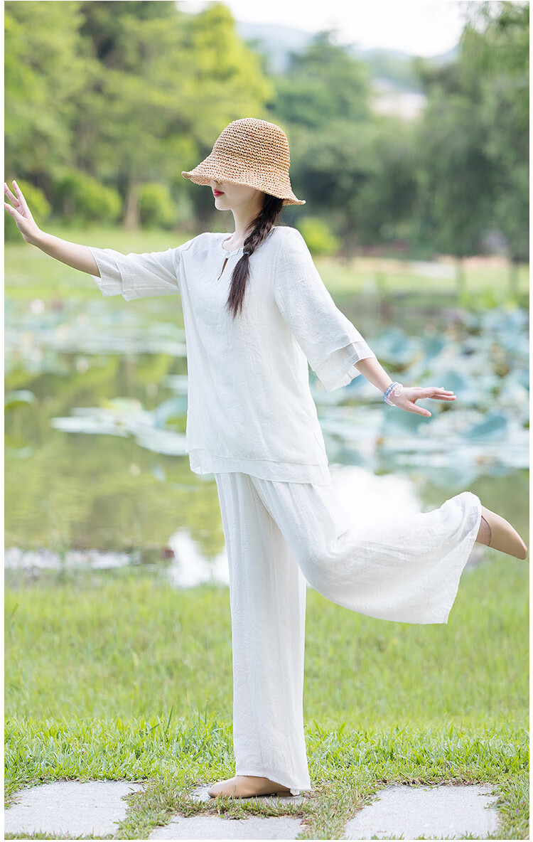 棉麻女裝禪意白色禪舞服中式唐裝棉麻瑜伽服禪修居士服春中國風女裝兩