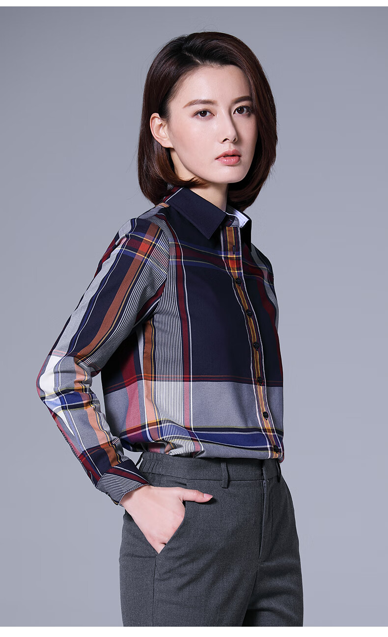 璐丝百丽蓝色格子棉衬衫女长袖英伦复古秋冬加绒加厚衬衣职业上衣蓝格