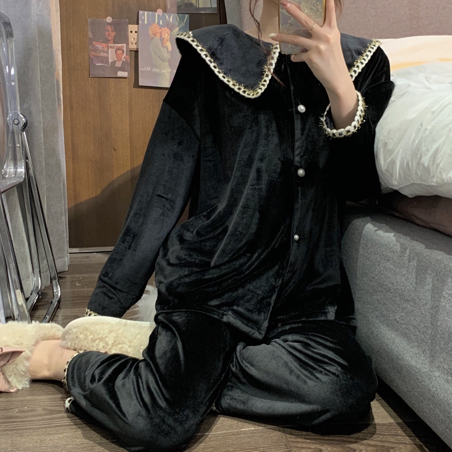 睡衣女复古黑色纯欲风金丝绒冬季2021年新款家居服套装可外穿秋冬