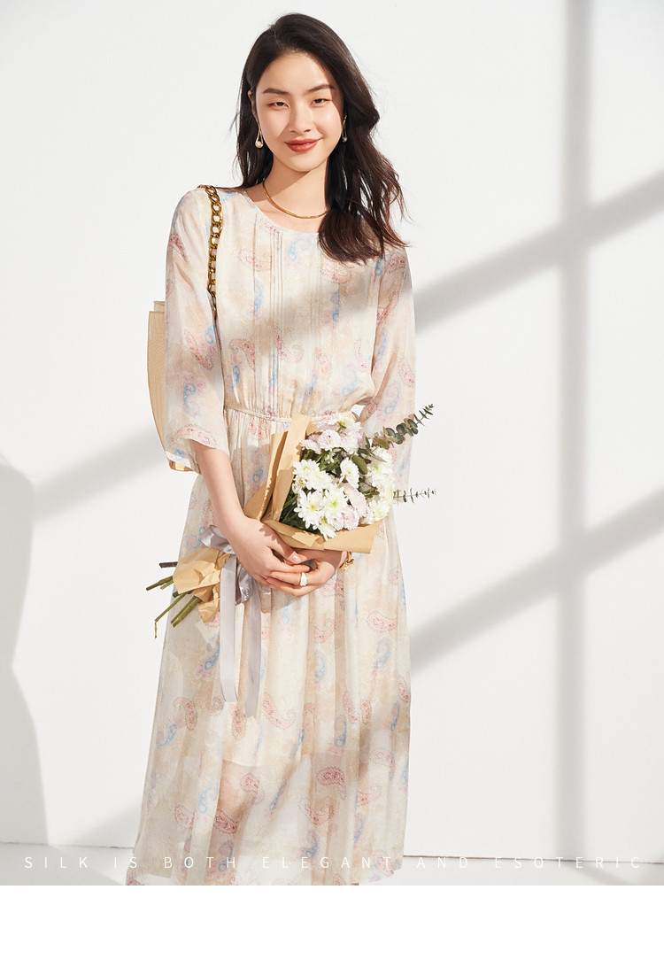 鳄鱼恤crocodile2022春夏新品100桑蚕丝乔其真丝连衣裙女气质垂顺印花