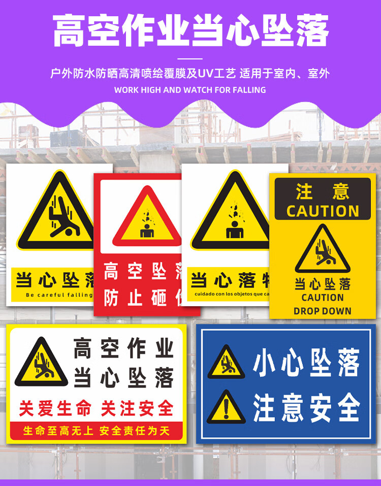 當心墜落警示牌 建築工地高空作業當心落物標誌安全提示標識牌定製