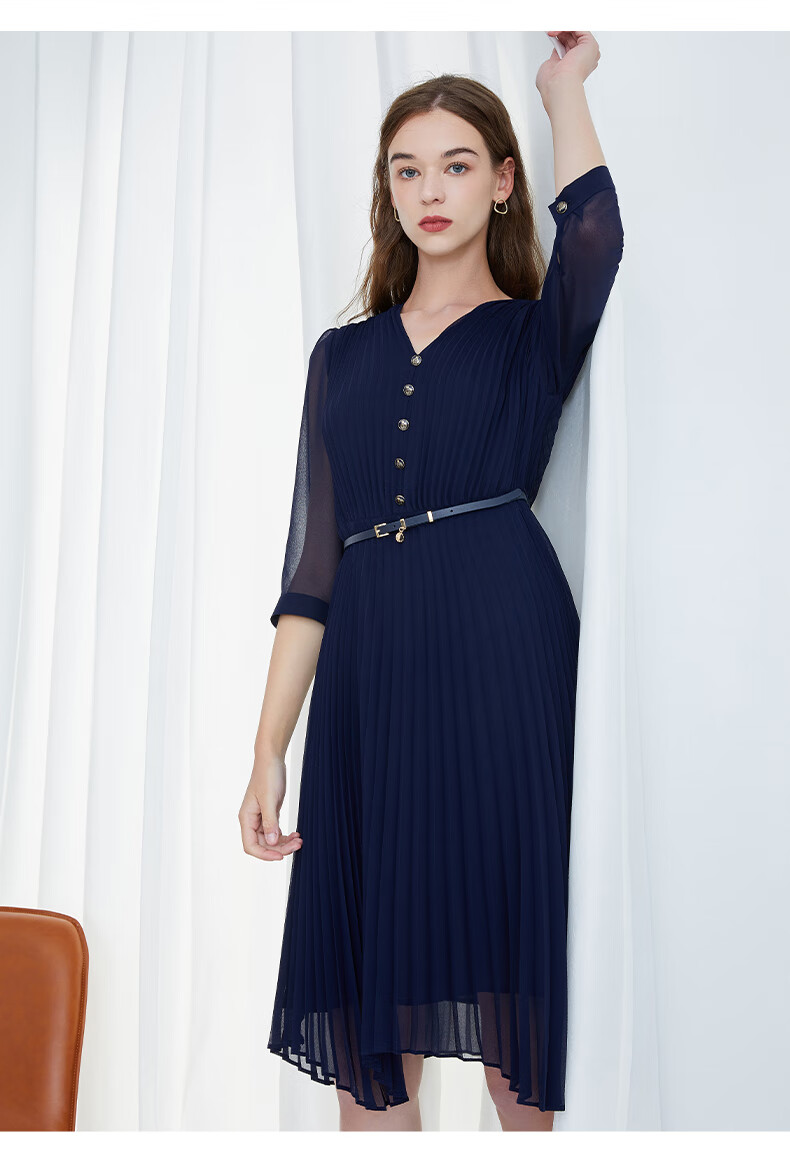 scofield女装22春夏季新品v领气质高腰五分袖设计感中长款连衣裙蓝色