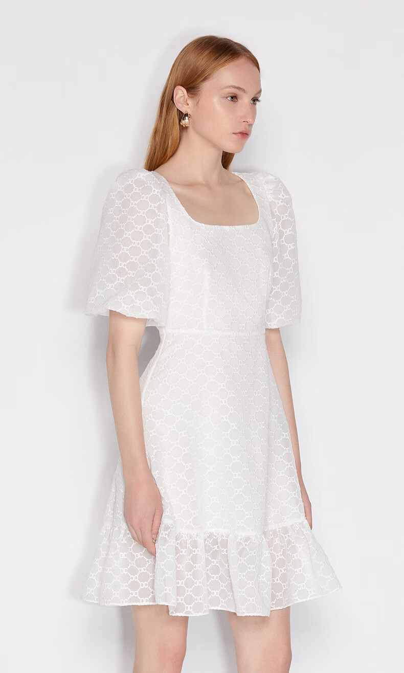 ochirly欧时力刺绣花边灯笼袖a字连衣裙 玫红130 xs【图片 价格 品牌