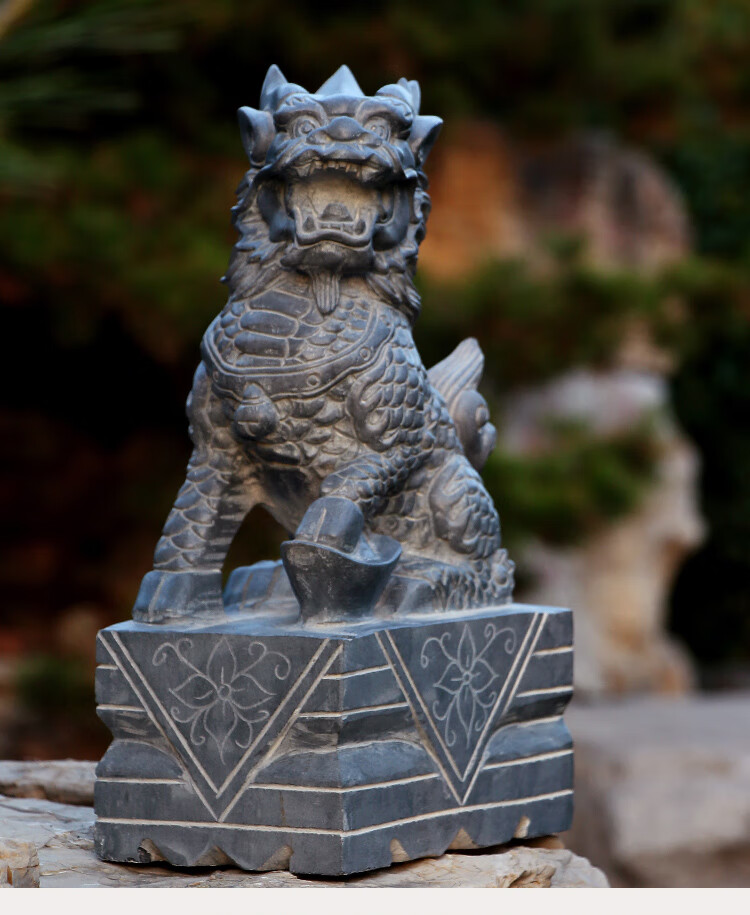 石雕麒麟门口一对青石神兽家用户外嘉祥石雕麒麟 歪头长23宽14高40cm