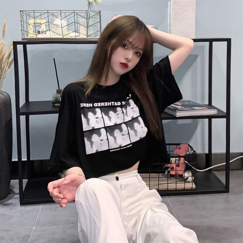 t恤女露脐装短款上衣女夏网红ins超火欧美风辣妹穿搭高腰露脐短袖t