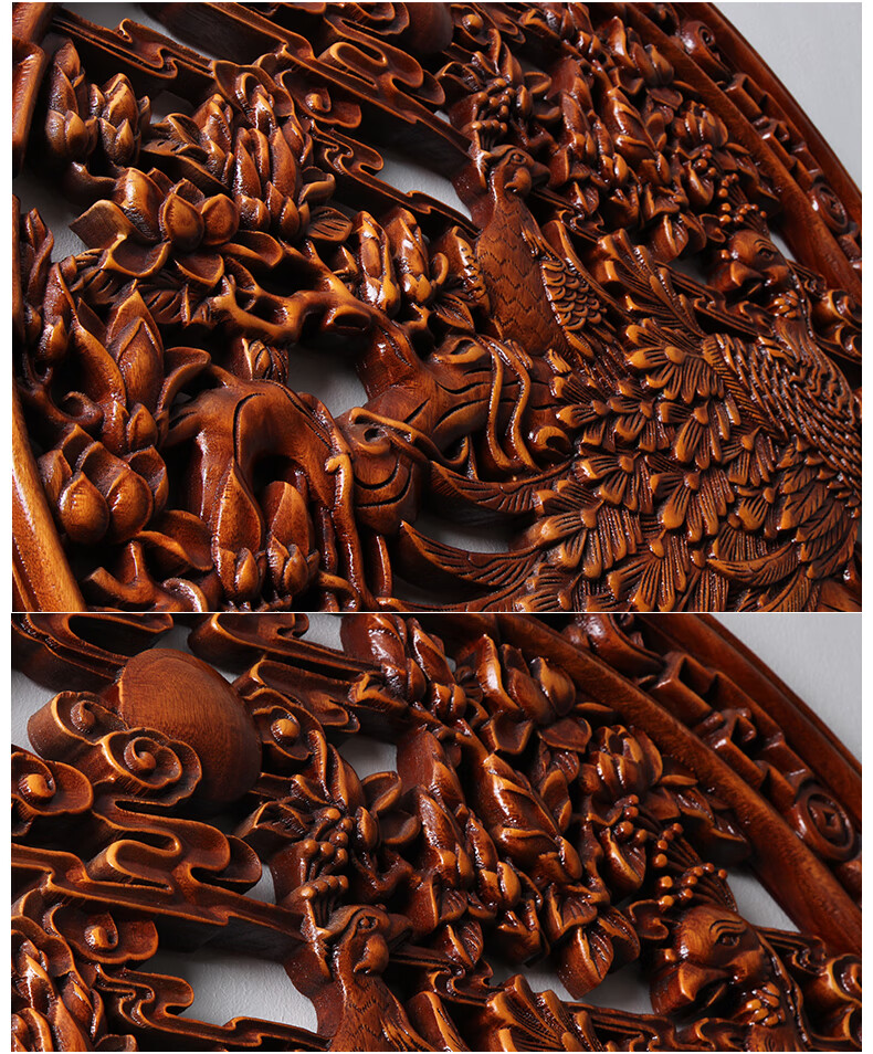 东阳木雕香樟木挂件实木头雕刻工艺品客厅玄关背景墙圆形壁挂孔雀wo