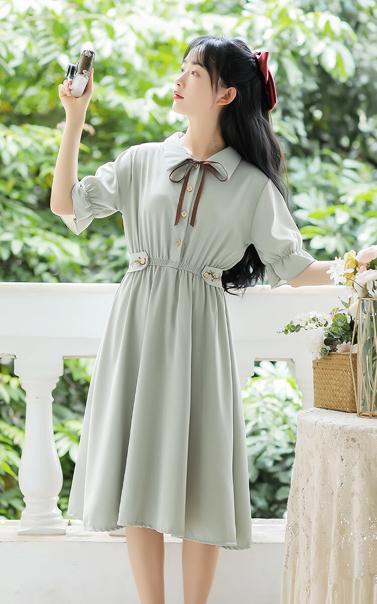 夏天裙子超仙15连衣裙中长款13初中学生少女孩森系学院文艺裙黄色s