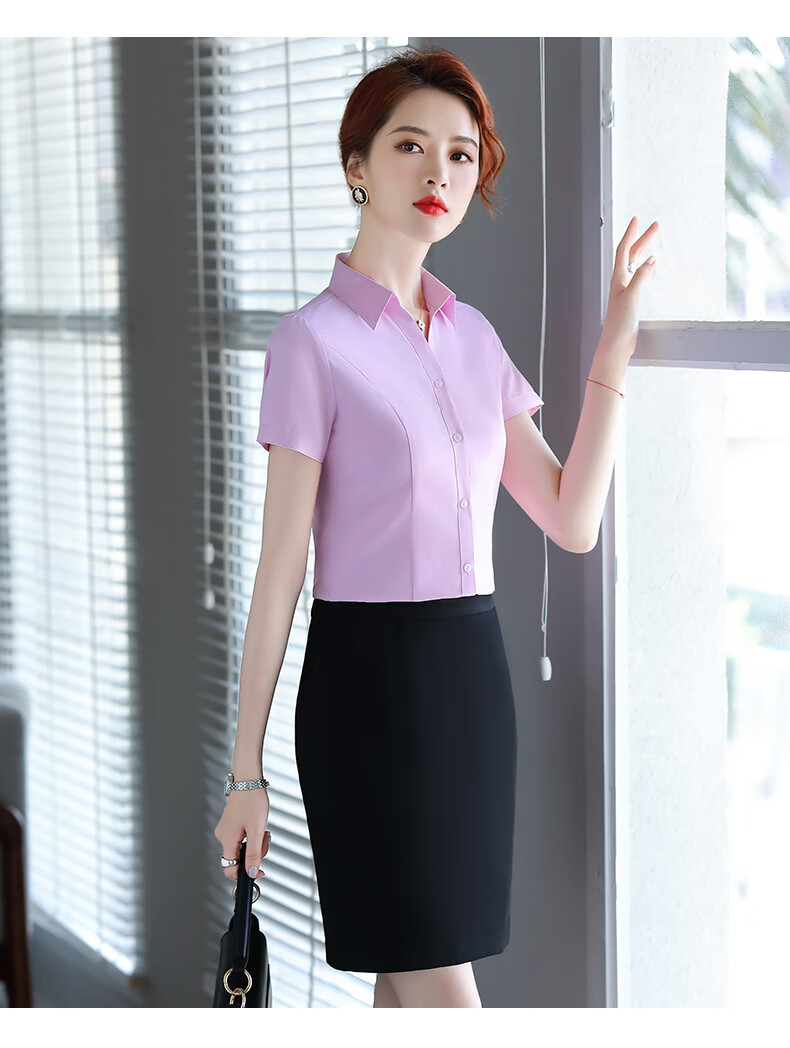 场合正装女夏季新款短袖衬衫气质两件套工作服女前台面试短白直衬衫s