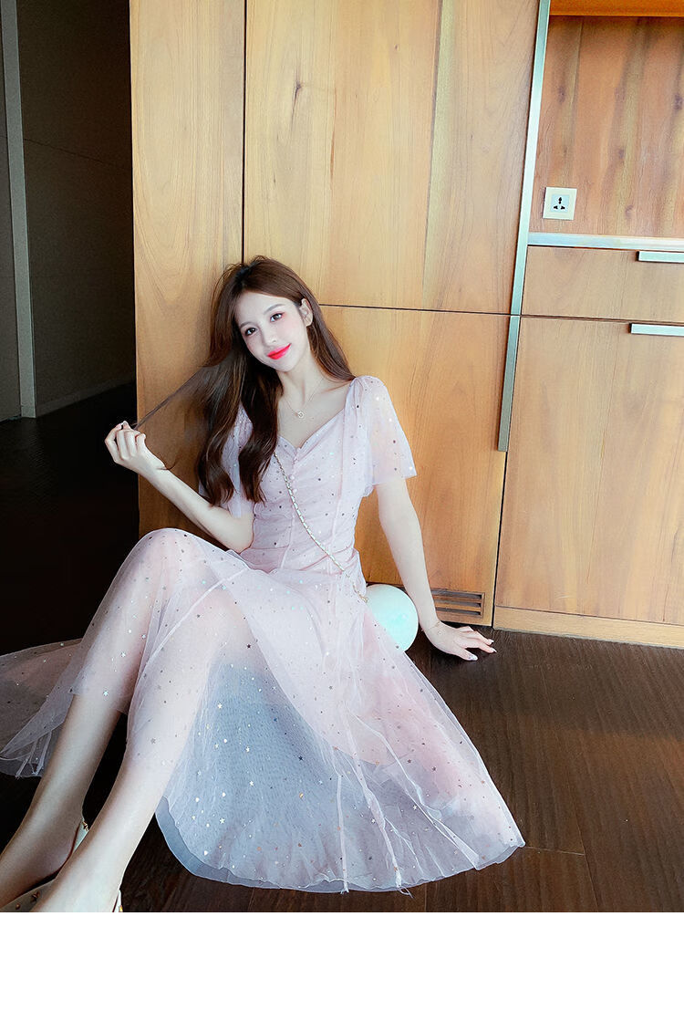 仙亮片网纱连衣裙女2022夏季新款v领短袖仙女裙a字裙学生中长款白xl