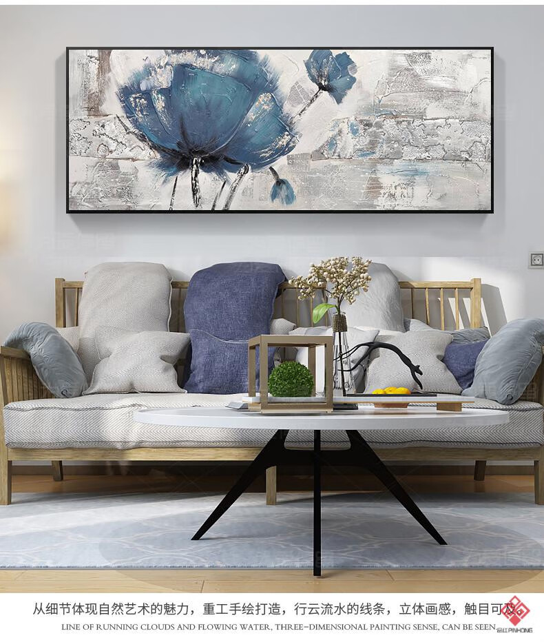 虔生缘纯手绘油画客厅装饰画沙发背景墙挂画横版新中式壁画古典莲花