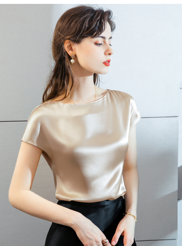 keyuyao轻奢高端女装 醋酸冰丝短袖t恤女2020夏季凉感仿真丝缎面丝滑