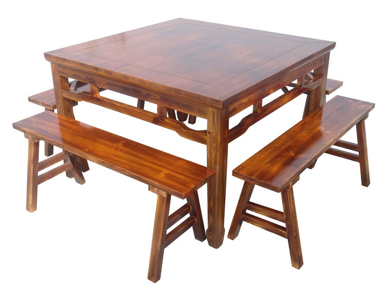 八仙桌组合全实木乐碳化老式八仙桌饭店餐桌椅仿古正方形餐桌长凳餐厅