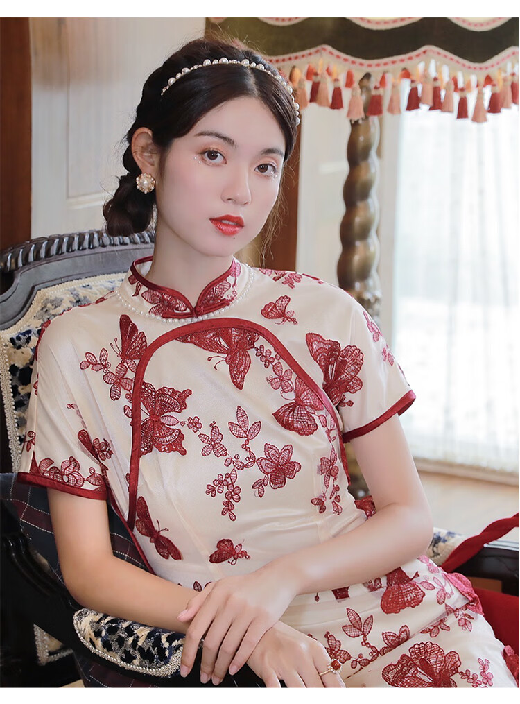 礼槿爷江南蝶新款杏色刺绣连肩元宝襟长旗袍年轻款少女杏色xs