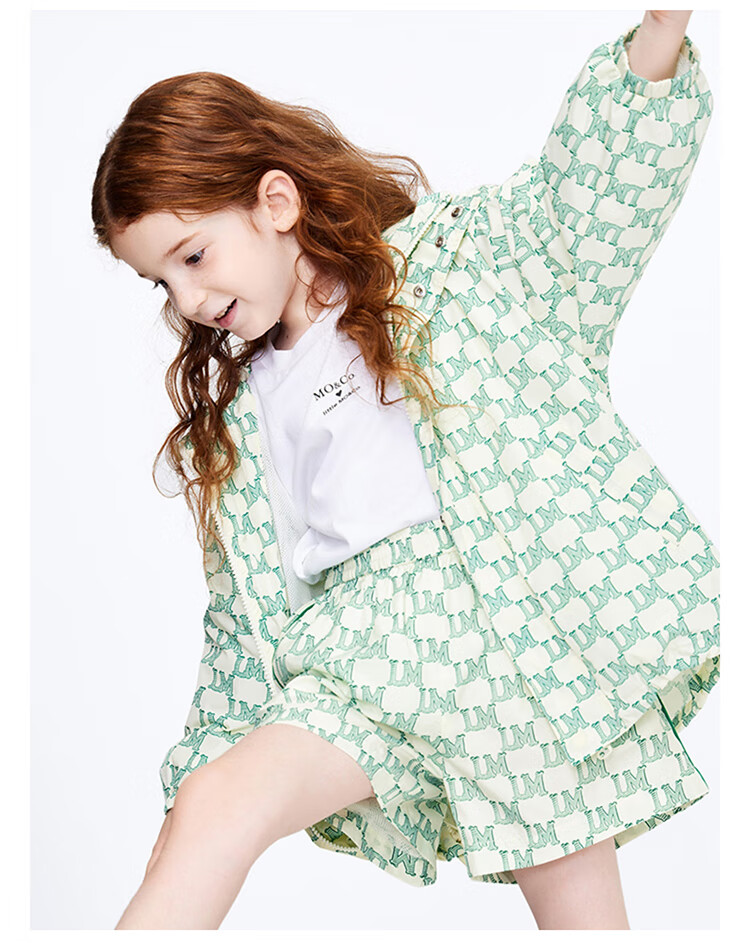 littlemoco童装22春装新款男女童复古老花连帽夹克白底绿印花15572