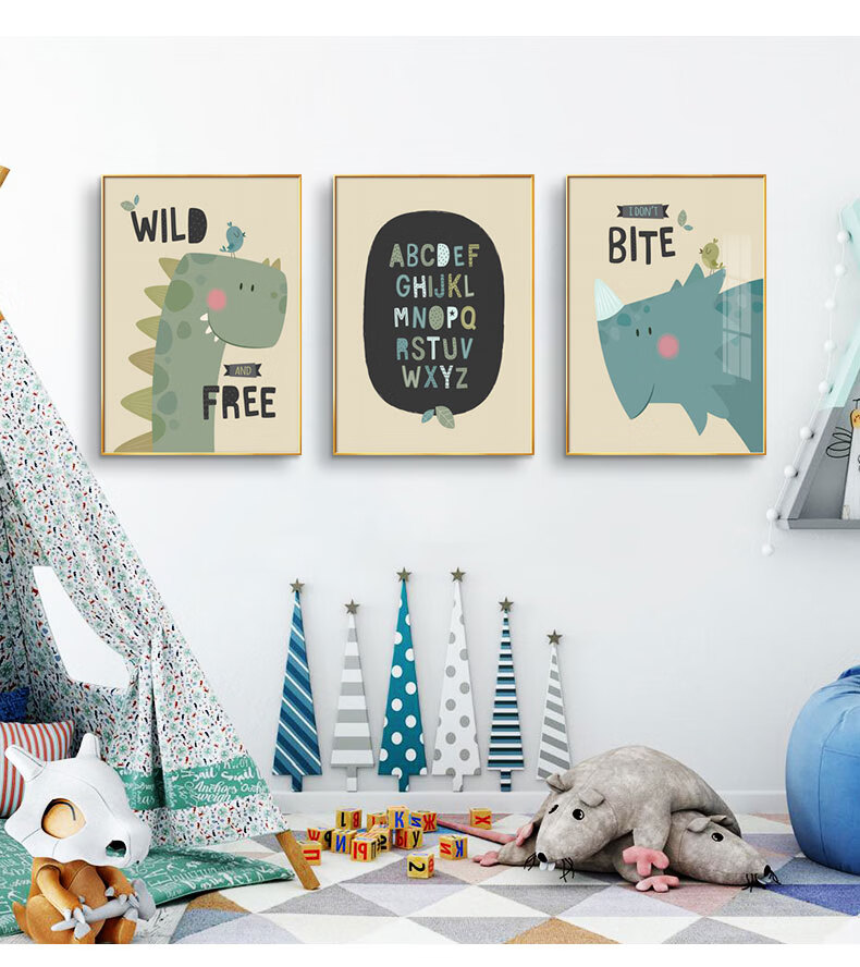 儿童房装饰画男孩创意恐龙卡通动物现代卧室床头挂画北欧房间壁画 e