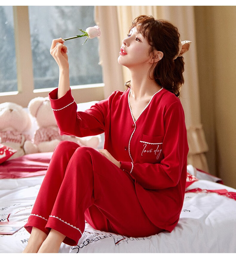 古非斯轻奢品牌结婚情侣睡衣新婚套装新娘红色纯棉长袖本命年女士家居