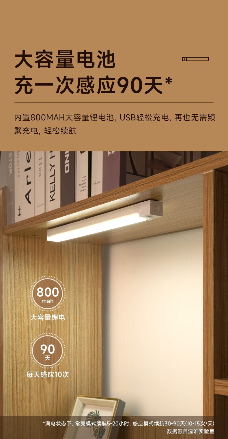 菲脂美妆工具 智能无线人体感应小夜灯免布线家用夜间过道衣柜橱柜 30cm充电白光感应款 1个