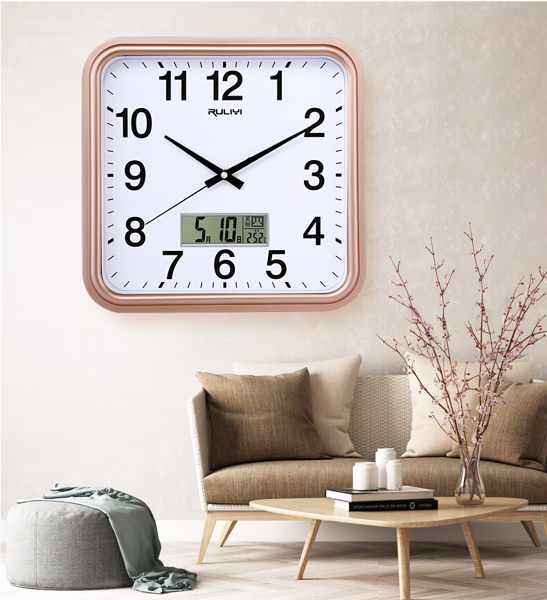 方形电子挂钟客厅静音挂墙现代简约家用个性创意时尚日历石英钟表黑色