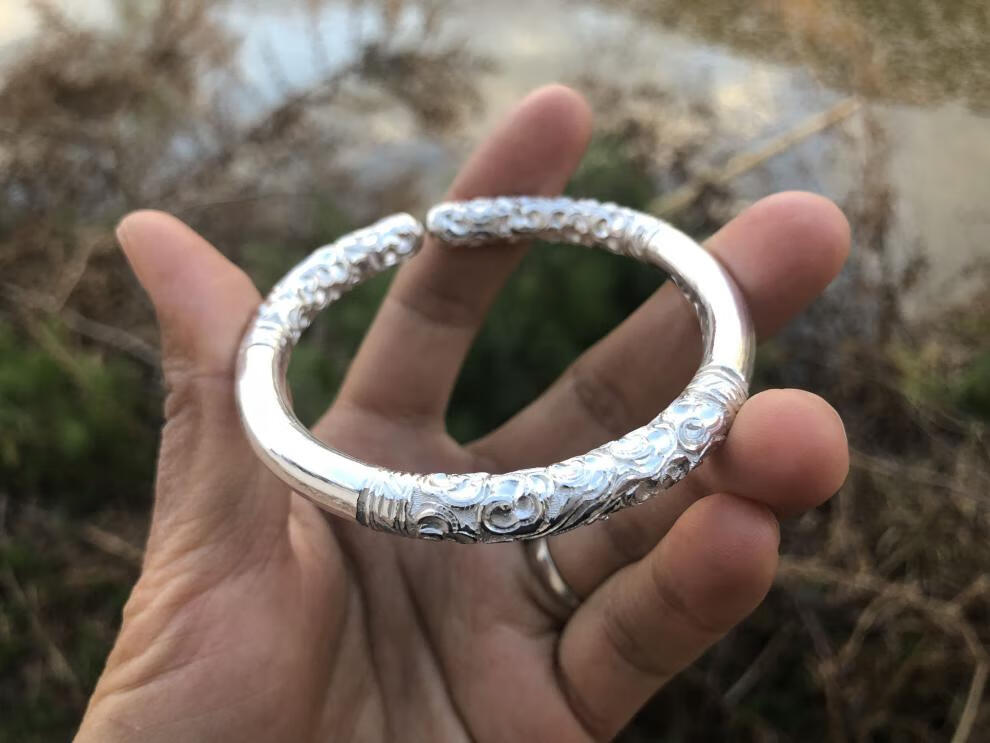 美思迪meisidi如意金箍棒999足银手镯实心雪花银祥云情侣爱你一万年60