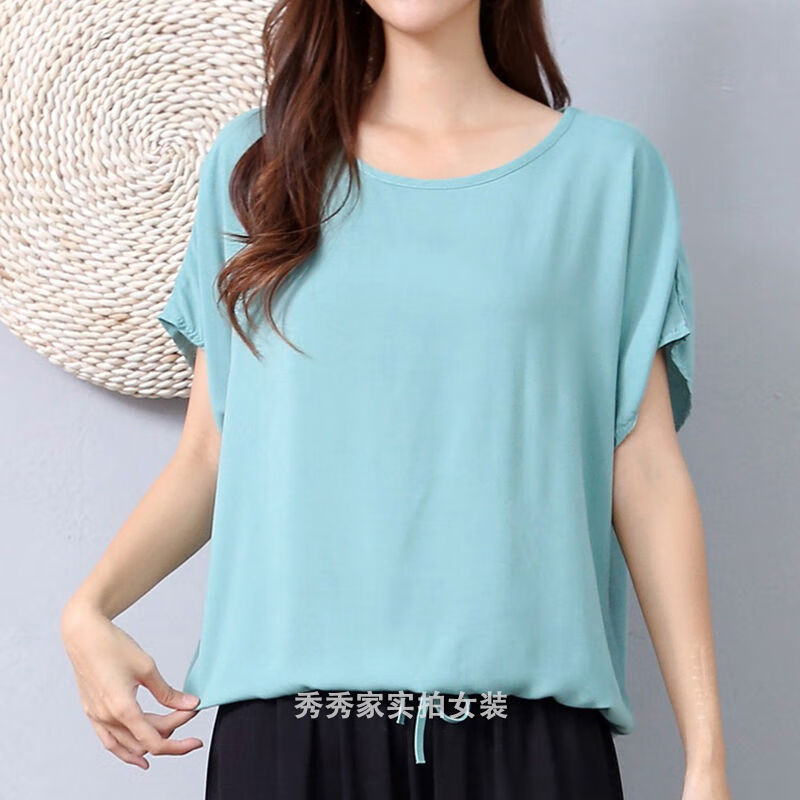 夏薄款宽松显瘦棉绸衫加肥加大休闲t恤短袖人造棉碎花上衣潮w37牡丹花