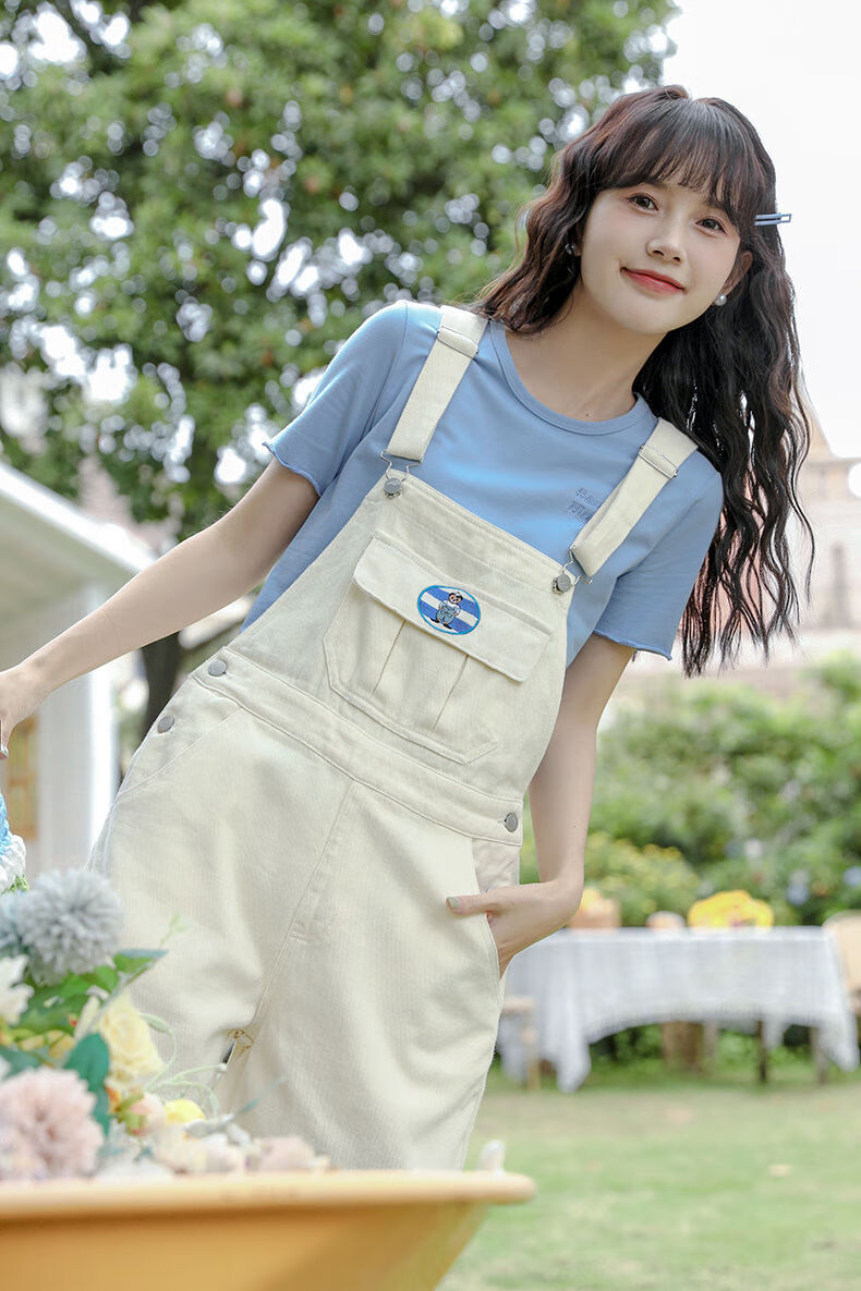 背带短裤女学生韩版宽松白色牛仔背带裤女2022夏新款刺绣五分裤甜美