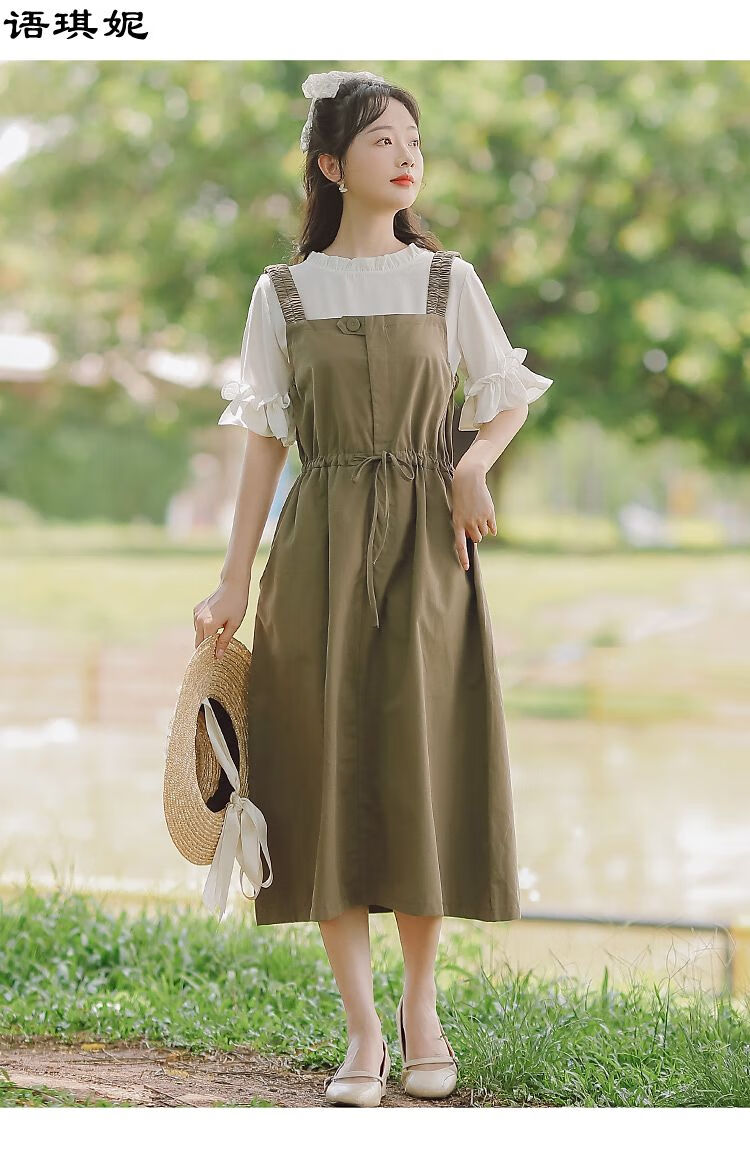 2022新款初中学生女生高中生大学生仙女背带裙子套装39273036军绿色m