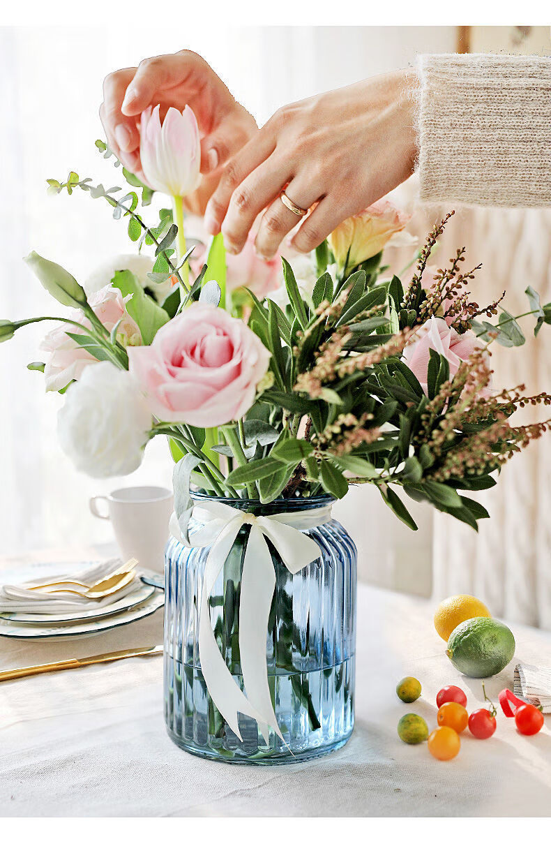 玻璃花瓶透明彩色插花瓶子欧式水培富贵竹客厅装饰摆件饰品大小号粉色
