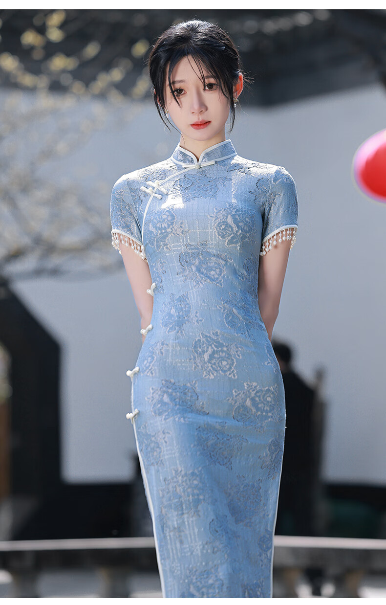 mlcriyg蓝色旗袍2022年新款复古中国风年轻款夏季改良版性感少女流苏