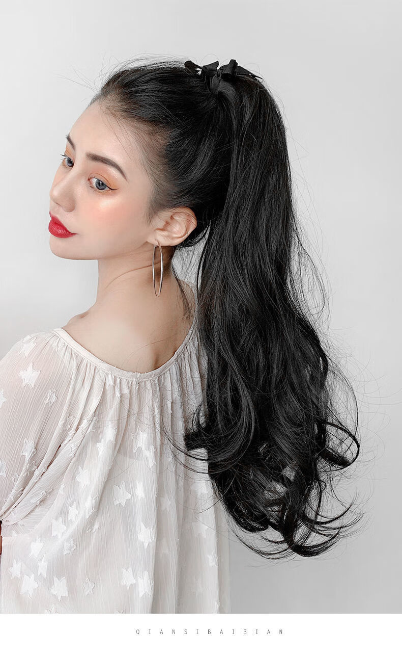 唐妮半扎发短马尾假发女绑带式梨花自然中长卷发片大波浪逼真高低辫子